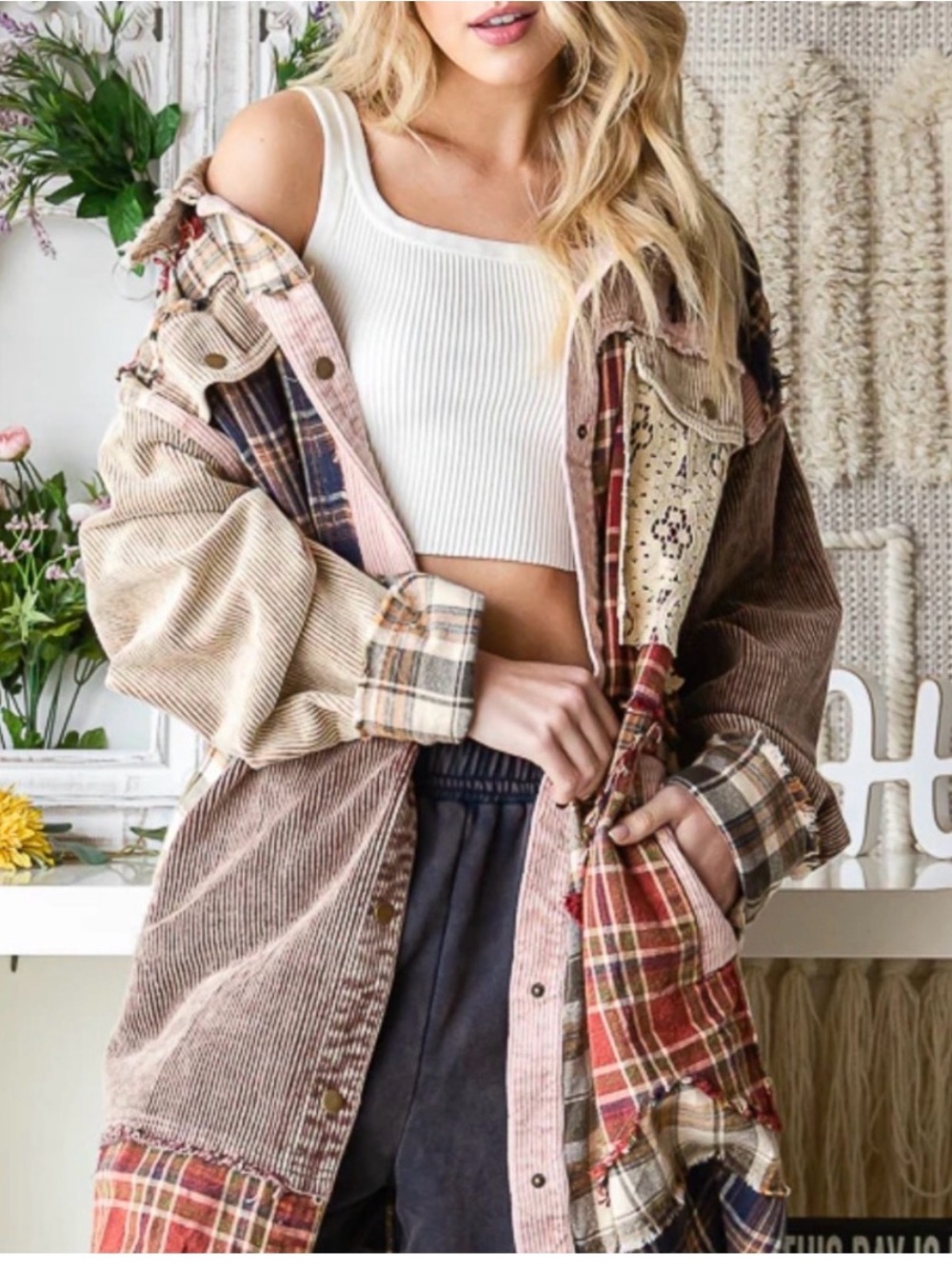 Oli & Hali Patchwork Plaid & Corduroy Long Jacket - Multi - Picture 14 of 16